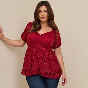 Torrid Women's Puff Sleeve Dark Red/Burgundy Lace New Babydoll Top Sz. 2 (2X)